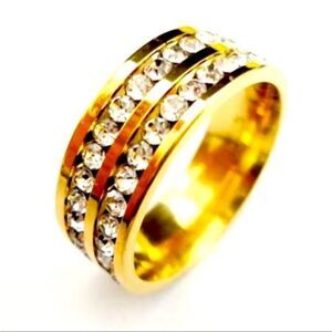 Gold Stainless Steel Double Row Zircon Diamond Ring New in gift box